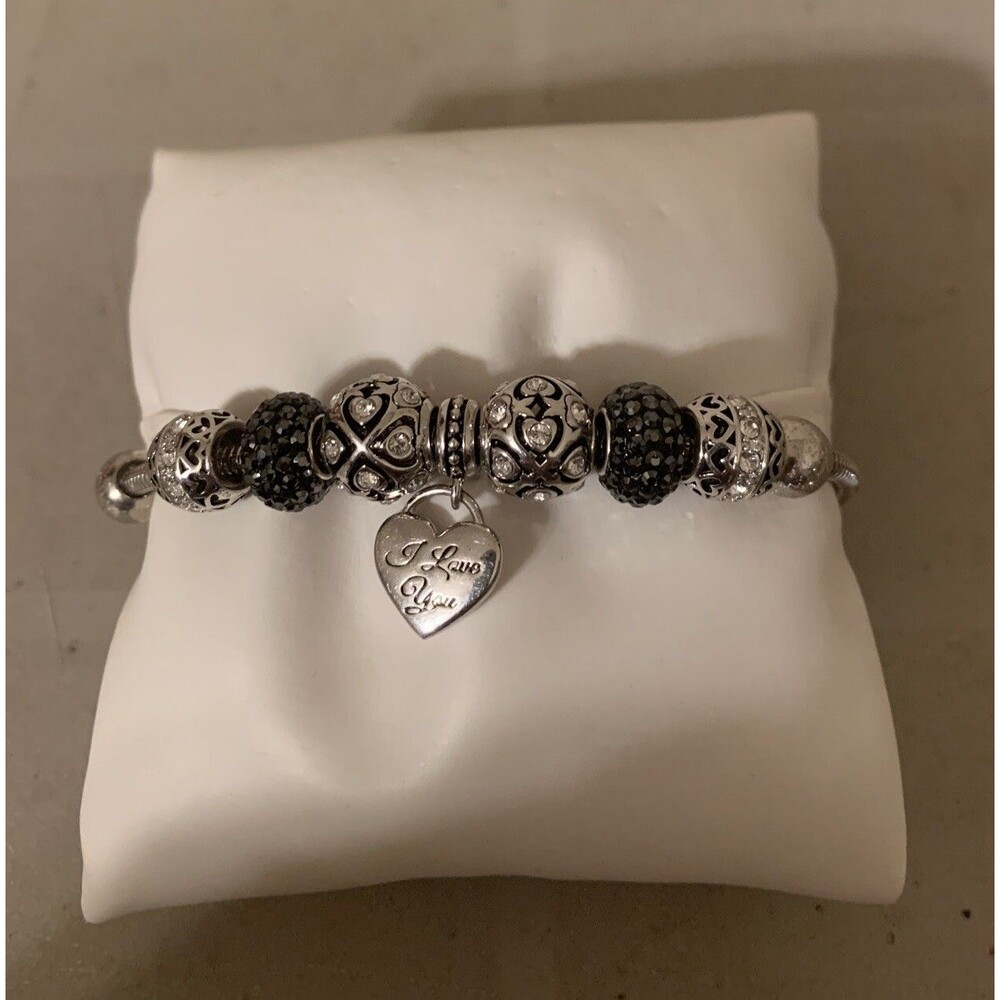 Sterling Silver Charm Bracelet I Love You Womens 8.5” Black Silver Beaded Charms